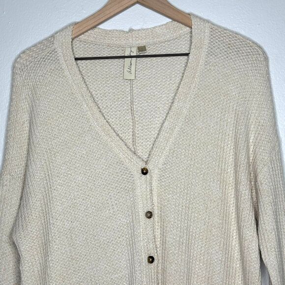Allison Joy Womens Button Up Top Large Beige Tan Sweater Soft Lounge Oversized - Picture 7 of 9